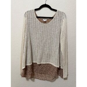 Catherines XL Layered Knit Crochet Sweater Top Floral Chiffon Hem Boho Peasant‎